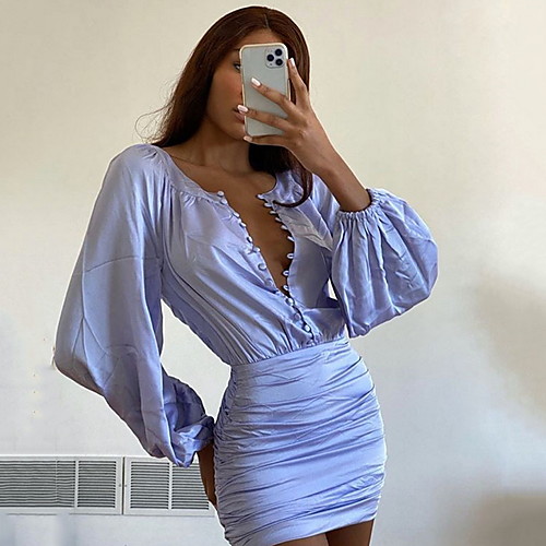 

Women's Sheath Dress Short Mini Dress Purple Long Sleeve Solid Color Fall V Neck Casual Slim 2021 S M L