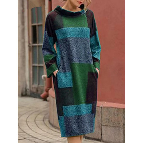 

Women's Shift Dress Midi Dress Purple Gray Green Red Long Sleeve Color Block Print Fall Winter Round Neck Casual Vintage Loose 2021 M L XL XXL / Cotton / Cotton