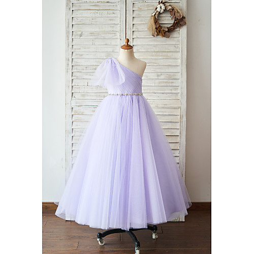 

Ball Gown Floor Length Flower Girl Dresses Wedding Tulle Sleeveless One Shoulder with Belt