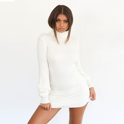 

Women's Sweater Jumper Dress Short Mini Dress Wine Gray Khaki White Long Sleeve Solid Color Fall Spring Turtleneck Casual 2021 S M L XL XXL 3XL