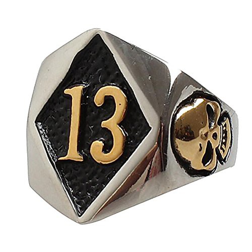 

men's stainless steel no. 13 motorcycle biker ring evil skull gold size 8