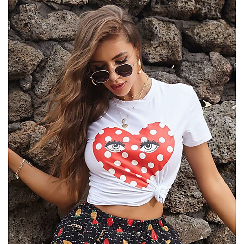 

Women's Blouse Shirt Heart Print Round Neck Basic Tops White Black Green