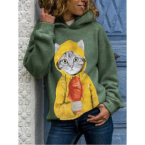 

Women's Hoodie Pullover Cat Daily Casual Hoodies Sweatshirts Loose Blushing Pink Gray Green