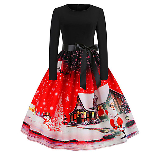 

Women's A Line Dress Knee Length Dress Blue Purple Red Long Sleeve Print Bow Print Fall Round Neck Vintage Christmas Party Slim 2021 S M L XL XXL