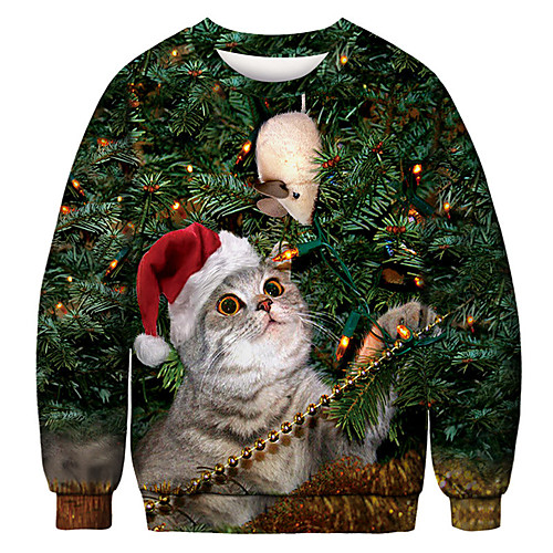 

Men's Pullover Sweatshirt Cat Graphic Ugly Christmas Round Neck Party Daily 3D Print Party Christmas Hoodies Sweatshirts Long Sleeve Green