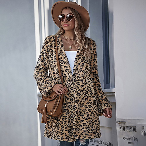 

Women's Faux Fur Coat Daily Fall & Winter Long Coat Regular Fit Active Jacket Long Sleeve Leopard Khaki