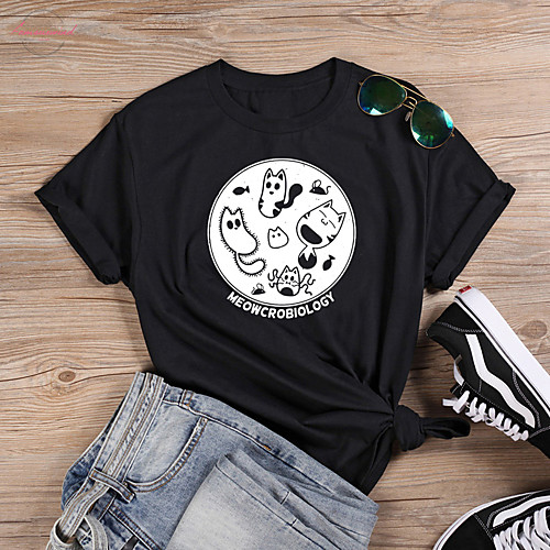 

Women's T shirt Cat Graphic Text Print Round Neck Tops 100% Cotton Basic Basic Top White Black Navy Blue