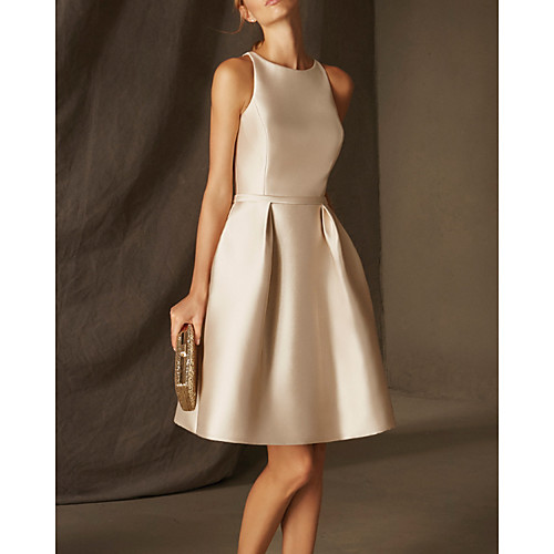 

A-Line Minimalist Sexy Engagement Cocktail Party Dress Jewel Neck Sleeveless Short / Mini Lace Satin with Lace Insert 2021
