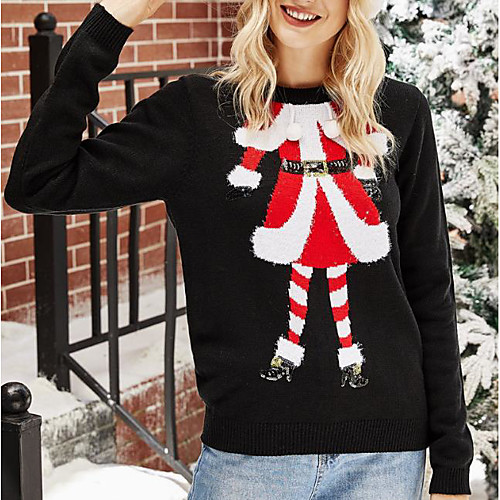

Women's Christmas Knitted Solid Color Pullover Acrylic Fibers Long Sleeve Sweater Cardigans Crew Neck Fall Winter Black