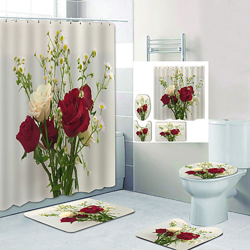 

Rose Flower Digital Printing Four-Piece Set Shower Curtains Hooks Modern Polyester Machine Made Waterproof Bathroom