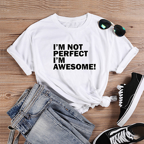 

Women's T shirt Graphic Text Letter Print Round Neck Tops 100% Cotton Basic Basic Top White Black Purple