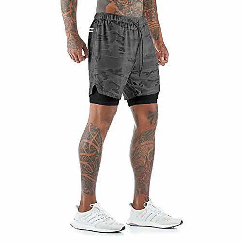 

mens workout running training 2 in 1 shorts lightweight elastic waist 7 gym yoga short pants with towel loop (camouflage grey, small)