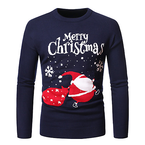 

Men's Christmas Knitted Abstract Pullover Long Sleeve Sweater Cardigans Crew Neck Fall Winter Black Dark Gray Navy Blue