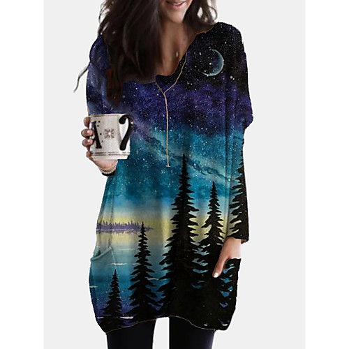 

Women's Tunic Color Gradient Scenery Long Sleeve Print Round Neck Vintage Tops Black