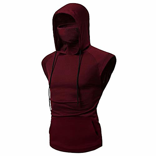 

men's workout hooded tank tops pure color sleeveless/short sleeve gym hoodies t-shirts(xl.wine)