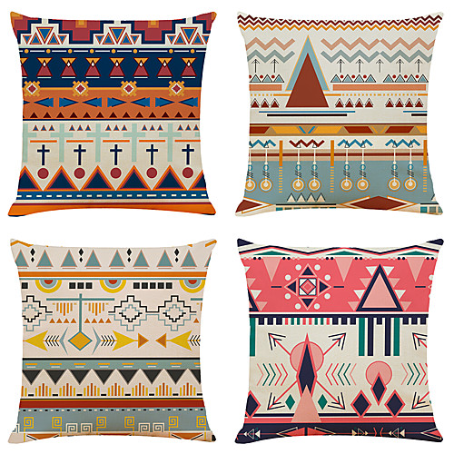 

Set of 4 Bohemian Style Faux Linen Square Decorative Throw Pillow Cases Sofa Cushion Covers 18x18