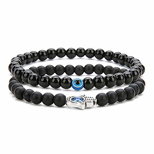 

2pcs set handmade elastic 6mm black agate beads bracelet natural stone evil eye hamsa fatima hand charm beaded couples bracelets kabbalah bracelet