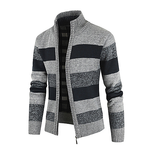 

Men's Knitted Check Sweater Long Sleeve Sweater Cardigans Stand Collar Fall Winter Black Blue Light gray