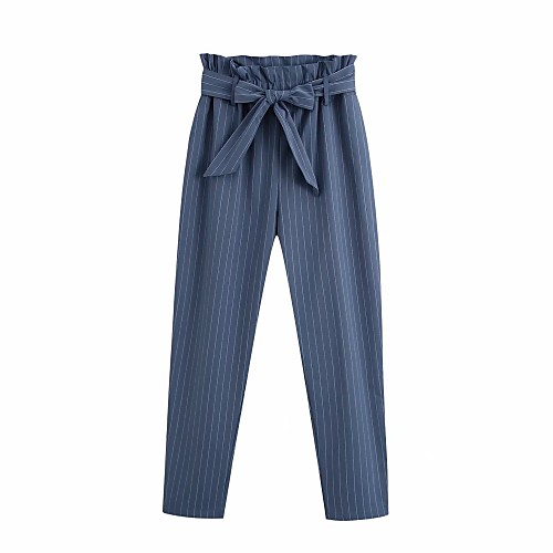 

Women's Basic Streetwear Comfort Daily Going out Dress Pants Pants Pants Striped Full Length Drawstring Pocket Blue