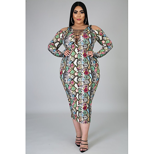 

Women's Sheath Dress Midi Dress Rainbow Long Sleeve Print Print Fall V Neck Sexy Club Slim 2021 XXL 3XL 4XL 5XL / Plus Size
