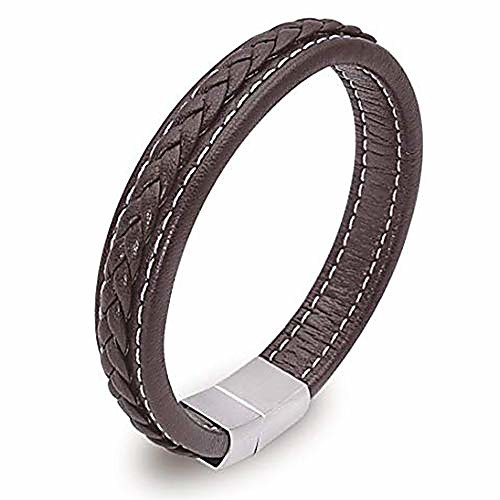 

mens leather bracelet stainless steel magnetic clasp braided genuine leather bracelet for men, black and brown (brown, 8.3)…