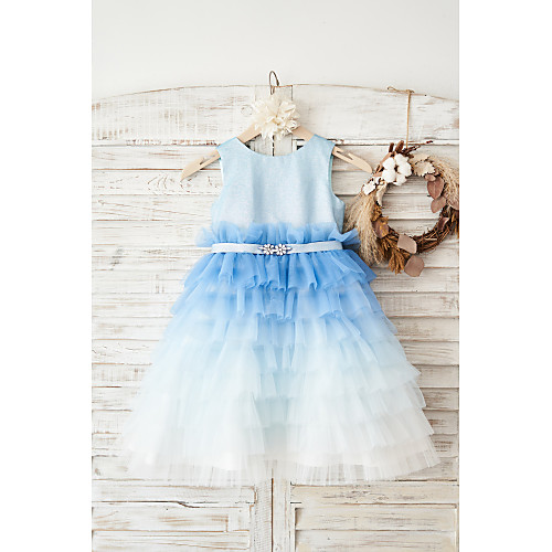 

Ball Gown Knee Length Flower Girl Dresses Wedding Tulle Sleeveless Jewel Neck with Belt