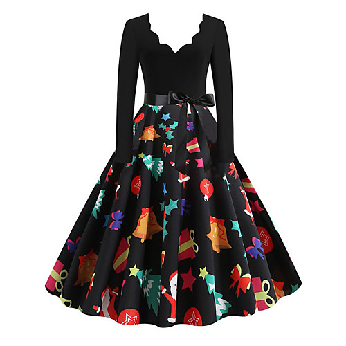 

Women's Swing Dress Knee Length Dress Blue 2 Blue Purple Red Wine Green Black Red Green 2 Long Sleeve Print Patchwork Print Fall Spring V Neck Elegant Vintage 2021 S M L XL XXL 3XL