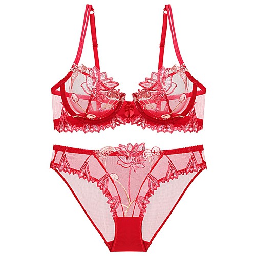 

Women's Bra & Panty Set Underwire Bra 3/4 Cup Embroidery Blue