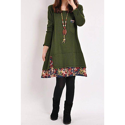 

Women's Shift Dress Short Mini Dress Army Green Long Sleeve Solid Color Patchwork Fall Round Neck Casual Slim 2021 M L XL XXL 3XL