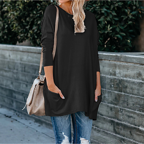 

Women's Blouse Plain Long Sleeve Patchwork Round Neck Basic Tops Cotton White Black Red