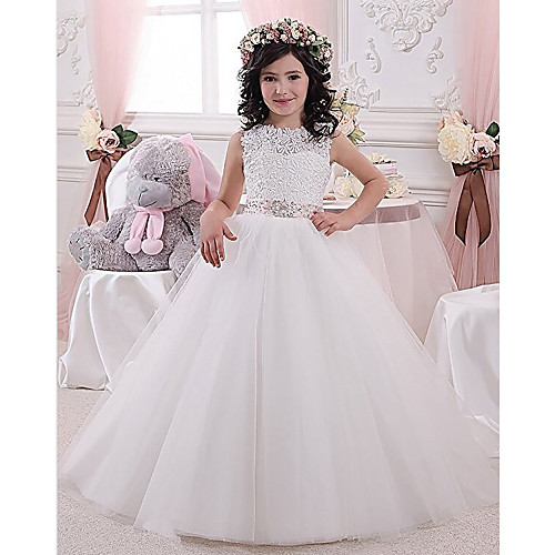 

Princess Floor Length Flower Girl Dresses Party Lace Sleeveless Jewel Neck with Sash / Ribbon