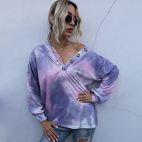 

Women's Tunic Tie Dye Long Sleeve Print Round Neck Basic Tops Purple Green