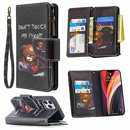 

Case For Apple iPhone 12 iPhone 12 Pro iPhone 11 Pro Max Wallet Card Holder with Stand Full Body Cases Bear Painted Zipper Bag PU Leather TPU for iPhone 11 SE (2020) 8 8 Plus XR Xs Max