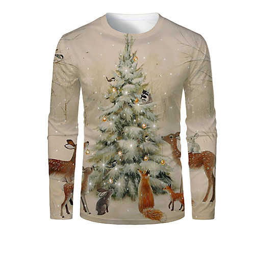 

Men's T shirt 3D Print Graphic 3D Animal Print Long Sleeve Christmas Tops Khaki
