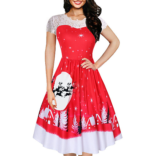 

Women's A Line Dress Knee Length Dress Red Short Sleeve Print Clothing Spring Round Neck Hot Elegant Christmas Slim 2021 S M L XL XXL