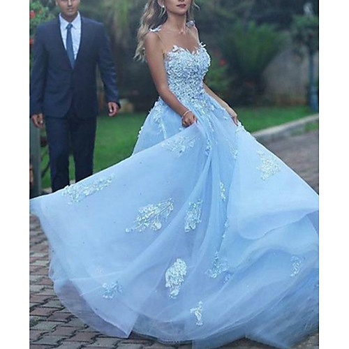 

A-Line Beautiful Back Sexy Prom Formal Evening Dress Spaghetti Strap Sleeveless Court Train Lace Tulle with Lace Insert Appliques 2021