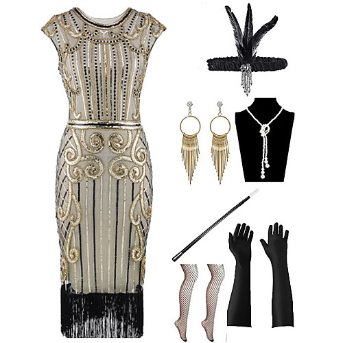

The Great Gatsby 1920s Vintage Vacation Dress Flapper Dress Outfits Masquerade Prom Dress Women's Tassel Fringe Costume Golden / BlackGolden / GoldenBlack Vintage Cosplay Party Prom / Body Jewelry