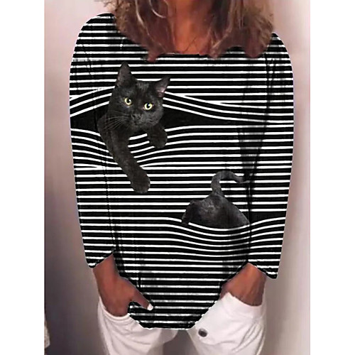 

Women's T shirt Striped Cat Long Sleeve Print Round Neck Tops Basic Basic Top Black