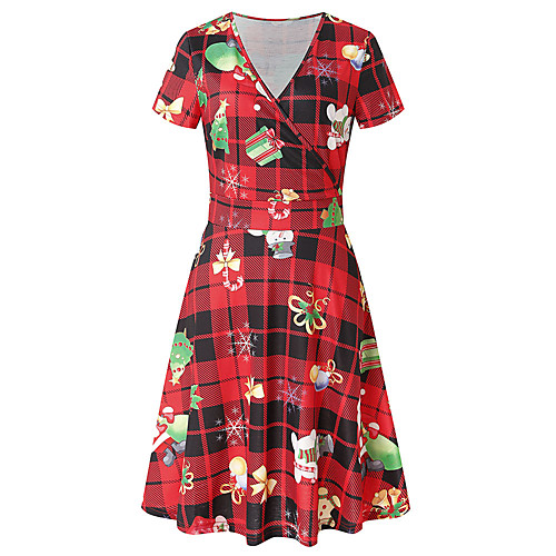 

Women's Swing Dress Midi Dress Blue Yellow Blushing Pink Gray Green Dusty Blue White Red Light Green Light Blue Short Sleeve Print Patchwork Fall V Neck Casual Christmas 2021 S M L XL XXL