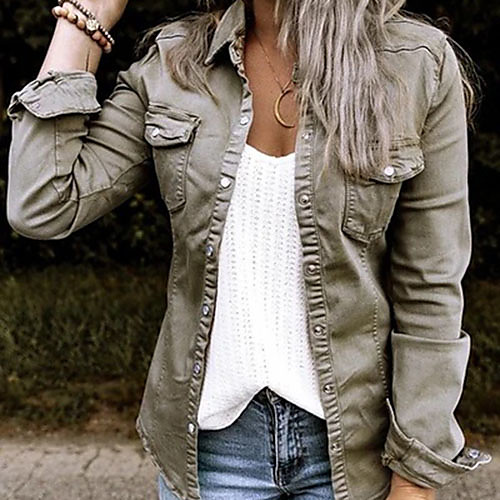 

Women's Denim Jacket Daily Spring & Fall Long Coat Shirt Collar Regular Fit Casual Jacket Long Sleeve Solid Colored Denim Gray Green