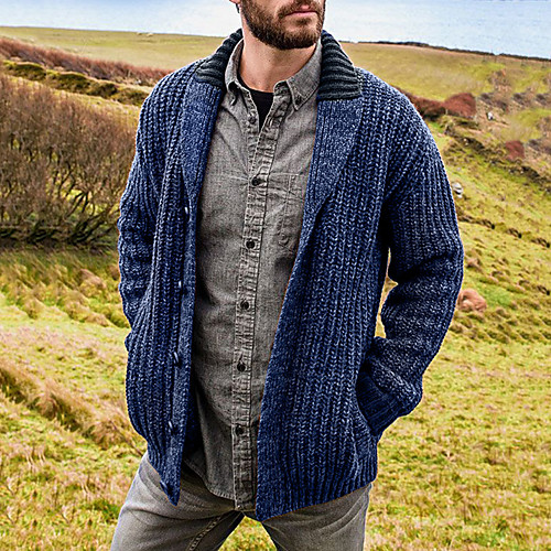 

Men's Knitted Solid Color Cardigan Acrylic Fibers Long Sleeve Sweater Cardigans Crew Neck Fall Winter Blue Red Green