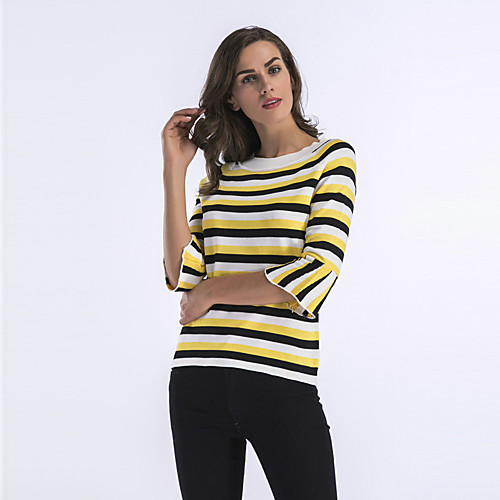 

Women's Blouse Shirt Striped Patchwork Round Neck Basic Tops Blue Red Yellow