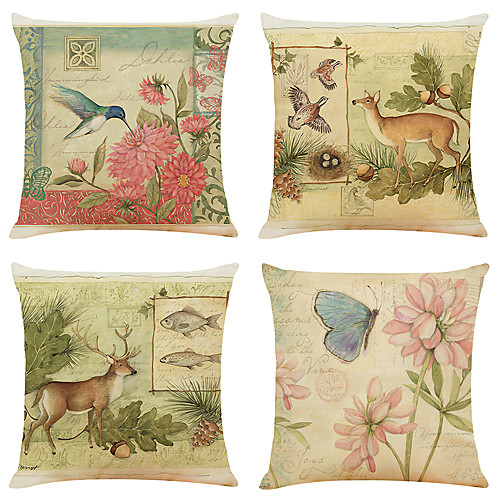 

Set of 4 Art Garden Faux Linen Square Decorative Throw Pillow Cases Sofa Cushion Covers 18x18