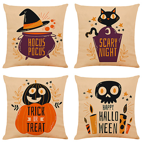 

Set of 4 Funny Halloween Faux Linen Square Decorative Throw Pillow Cases Sofa Cushion Covers 18x18