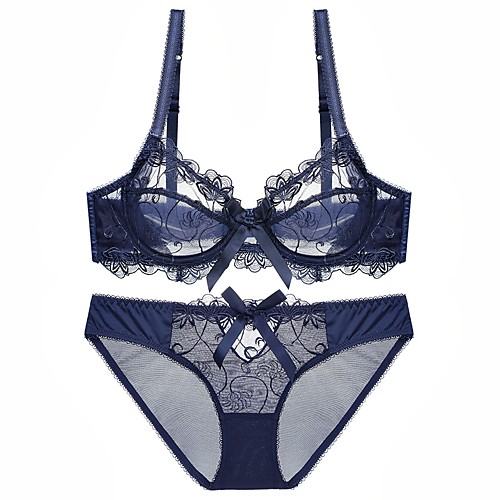 

Women's Bra & Panty Set Underwire Bra 3/4 Cup Embroidery Blue