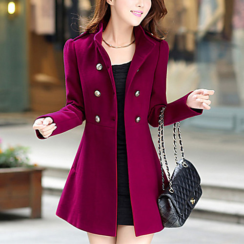 

Women's Coat Daily Fall & Winter Long Coat Stand Collar Regular Fit Active Jacket Long Sleeve Solid Colored Blue Wine