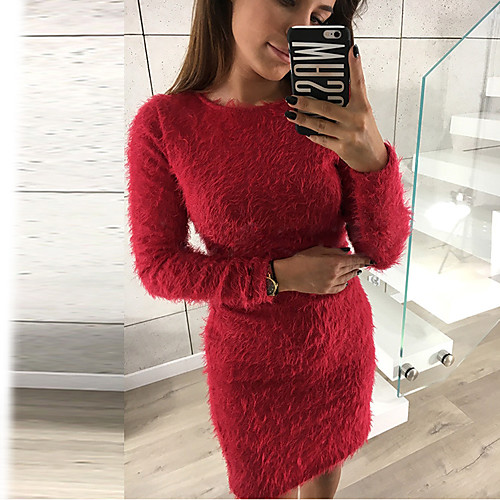 

Women's Sheath Dress Short Mini Dress Blushing Pink Black Red Light Blue Long Sleeve Solid Color Fall Winter Round Neck Elegant Boho Slim 2021 S M L XL XXL 3XL