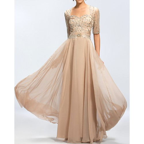 

A-Line Luxurious Elegant Engagement Formal Evening Dress Scoop Neck Half Sleeve Floor Length Chiffon with Sash / Ribbon Pleats 2021