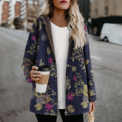 

Women's Parka Causal Fall Winter Regular Coat Loose Casual Jacket Long Sleeve Floral Pocket Blue Orange / Plus Size / Lined / Plus Size / Print