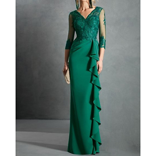 

Sheath / Column Beautiful Back Elegant Wedding Guest Formal Evening Dress V Neck Long Sleeve Floor Length Lace Satin with Ruffles Draping 2021
